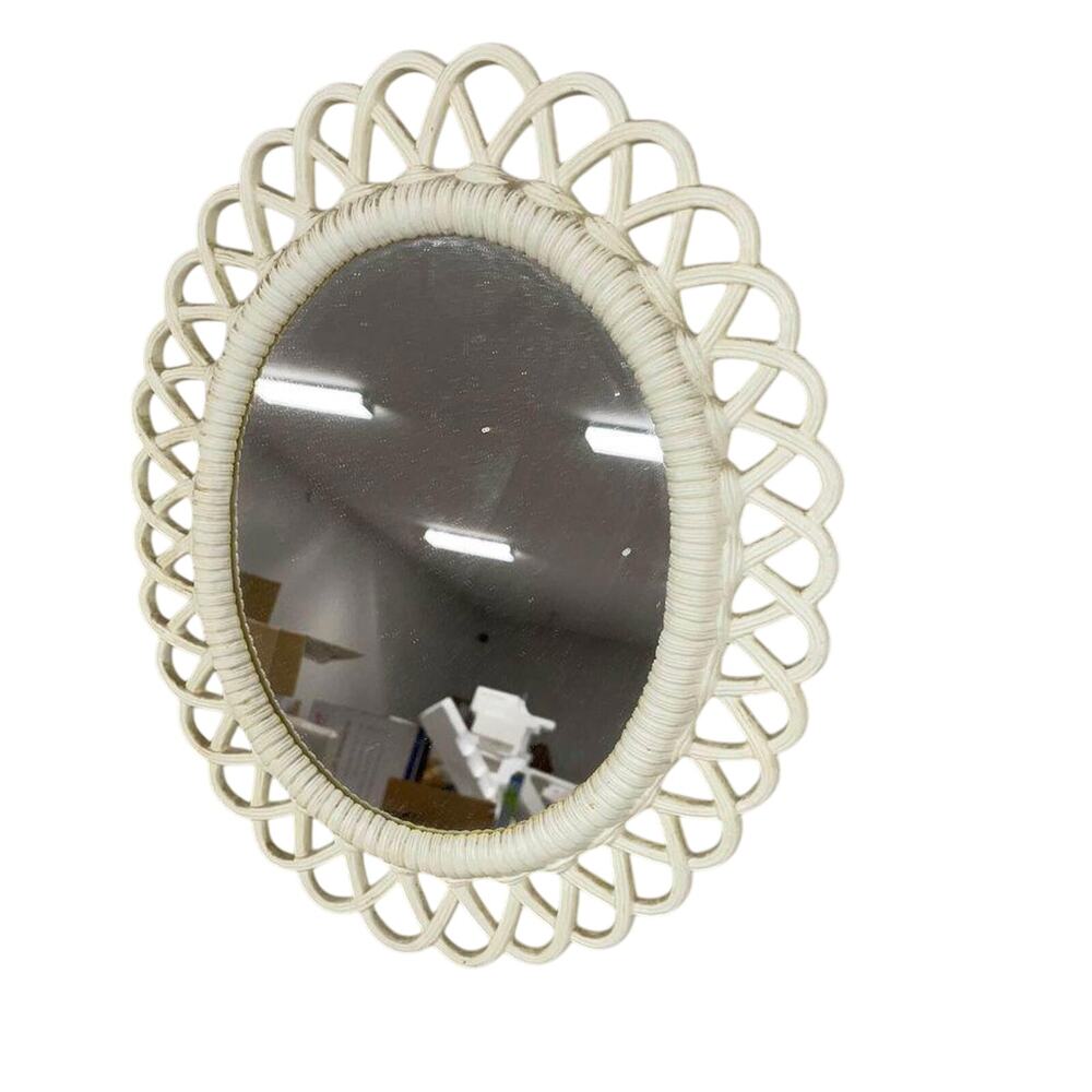 VTG White Woven Oval Wicker Style Standing Make Up Vanity Mirror Syroco Style